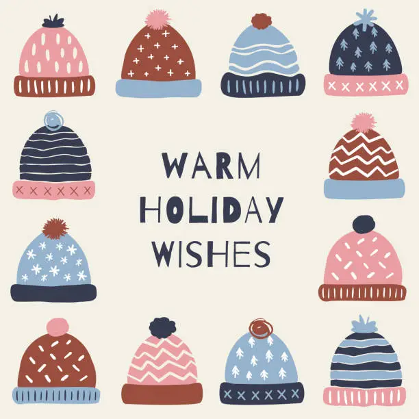 Vector illustration of Warm wishes. Wool hats elements on white background.