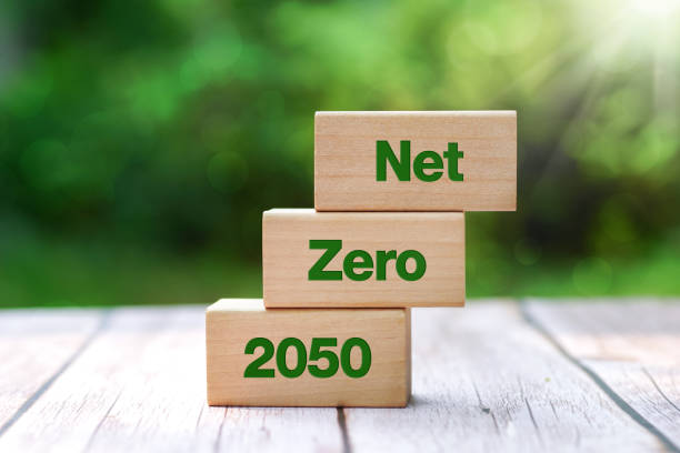 istock Wooden blocks with the words Net zero 2050 on wooden table over blur green tree., Environmental concept, modern Energy generation, elimination of co2, zero carbon footprint, reduction of pollution 1569102984