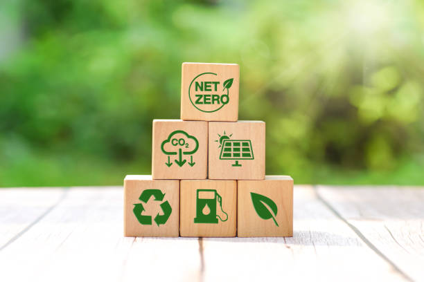 istock Carbon neutral and net zero concept natural environment Climate-neutral long-term strategy greenhouse gas emissions targets wooden block with center green icon on nature background. 1569103253