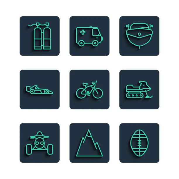 Vector illustration of Set line ATV motorcycle, Mountains, Rugby ball, Speedboat, Bicycle, Formula 1 racing car, Aqualung and Snowmobile icon. Vector