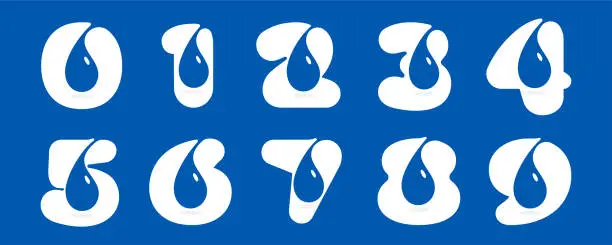 Vector illustration of 0 to 9 logos. Numbers set with blue water dew drops. Negative space icons. Spring water emblems.