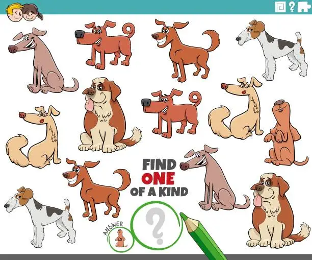 Vector illustration of one of a kind task with funny cartoon dogs