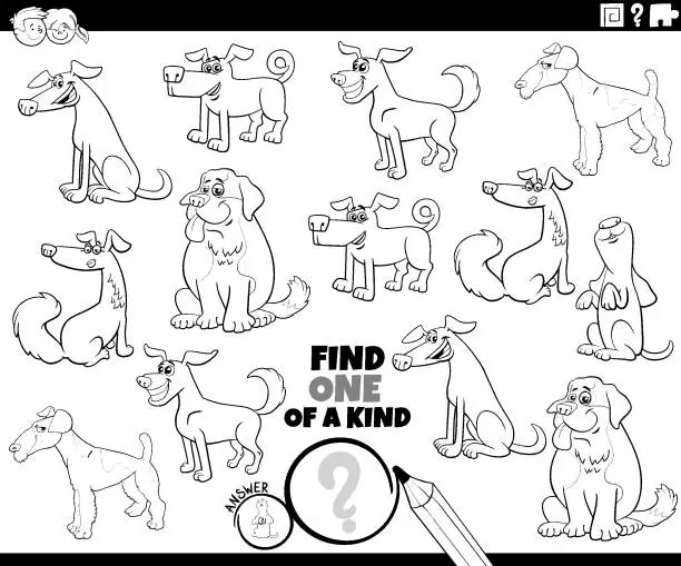 Vector illustration of one of a kind task with cartoon dogs coloring page