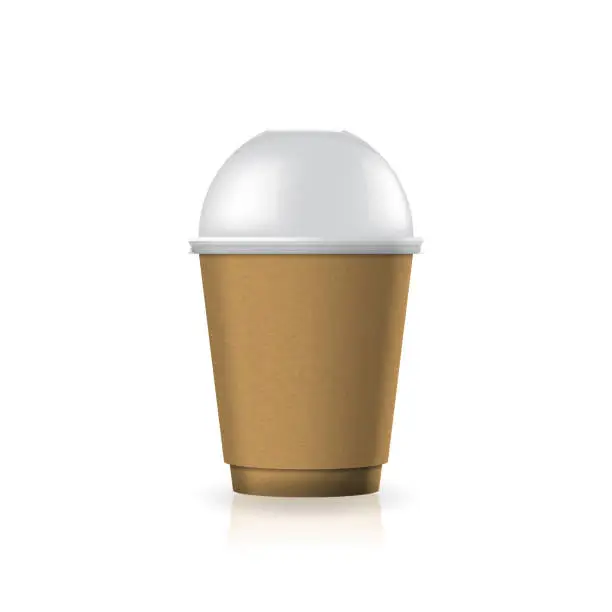Vector illustration of Blank brown kraft paper-plastic coffee-tea cup with clear dome lid in small size mockup template.