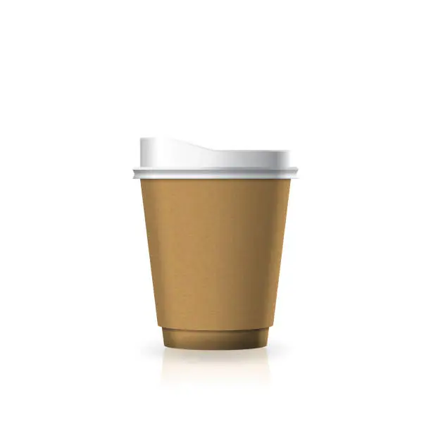Vector illustration of Blank brown kraft paper-plastic coffee-tea cup with white lid in small size mockup template.