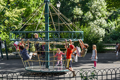Vilnius, Lithuania - August 31, 2017: Public Park in Lithuania, Vilnius. Children Enjoy Sunny Summer Day on Attraction