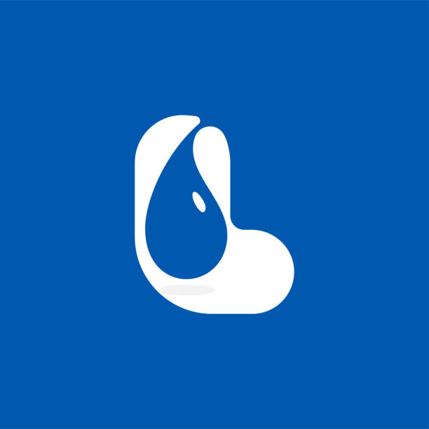 푸른 물 이슬 방울이 있는 l 편지 에코 로고. 네거티브 스페이스 아이콘입니다. 샘물 엠블럼. - letter l water typescript liquid stock illustrations