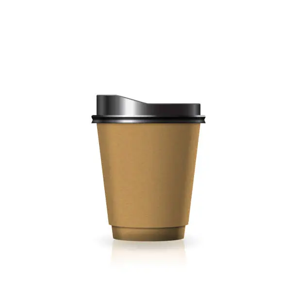 Vector illustration of Blank brown kraft paper-plastic coffee-tea cup with black lid in small size mockup template.