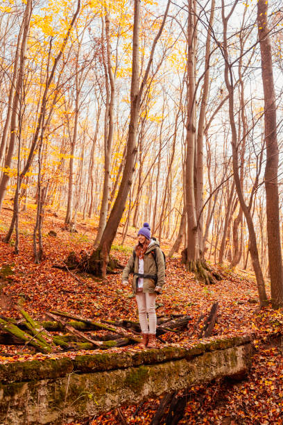 istock Woman taking a walk through the forest on sunny autumn day 1569127466