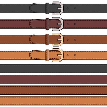 Set of color illustration of leather belt with buckle. Isolated vector object on white background.
