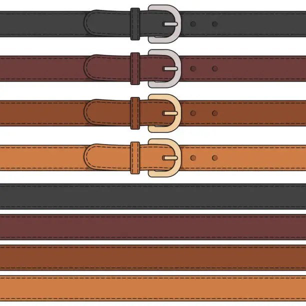 Vector illustration of Set of color illustration of leather belt with buckle. Isolated vector object.