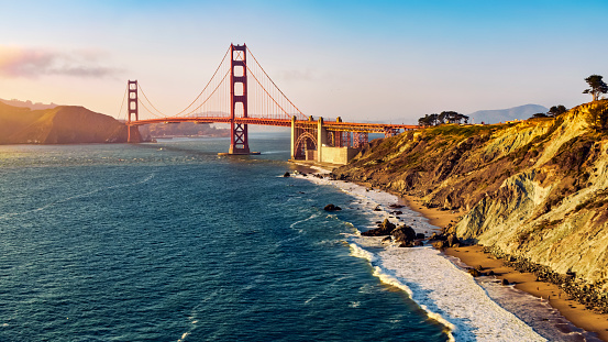 Aerial view of Golden Gate Bridge during sunset, San Francisco, California, USA.