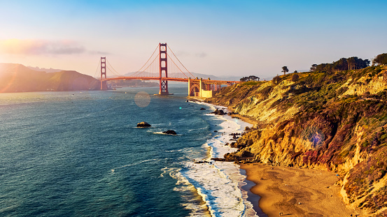 Aerial view of Golden Gate Bridge during sunset, San Francisco, California, USA.
