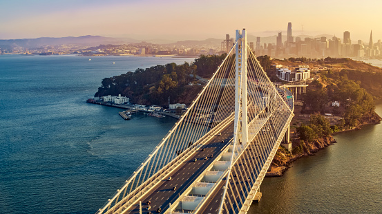 Aerial view of San Francisco-Oakland Bay Bridge during sunset, San Francisco, California, USA.