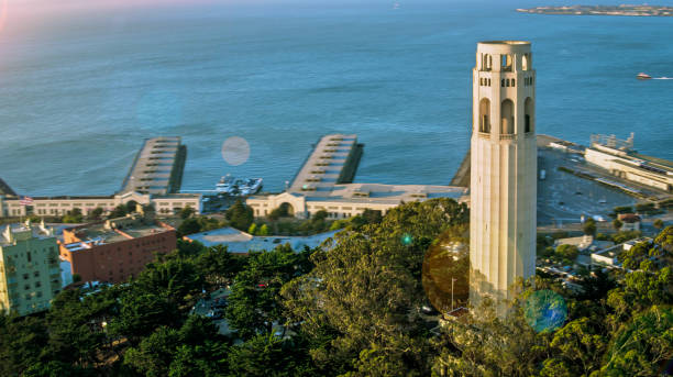 Aerial view of Coit Tower on Telegraph Hill at sunset, San Francisco, California, USA.