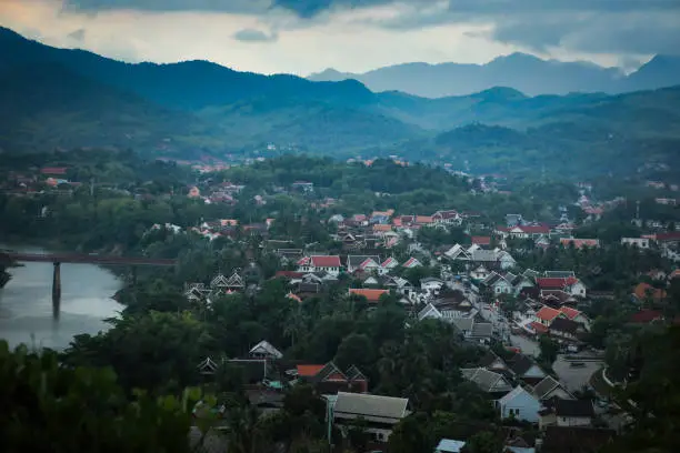 high angle view of Luang Prabang town ,Luangprabang is one of world heritage site of unesco in northern of Laos