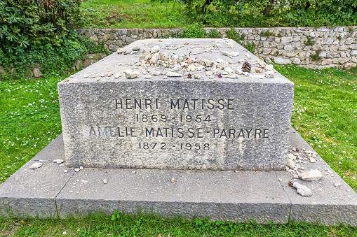 Nice, France, March 28, 2023: Tombstone of famous painter and sculptor Henri Matisse and his wife , cemetery of the Monastre Notre Dame de Cimiez, City of Nice, France