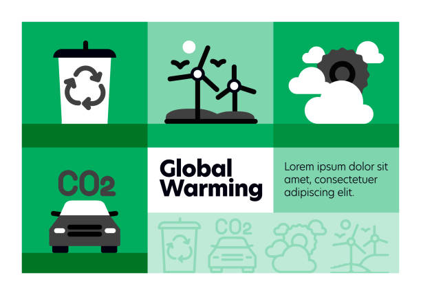 지구 온난화 라인 아이콘 세트 및 배너 디자인. - global warming pollution deforestation carbon dioxide stock illustrations