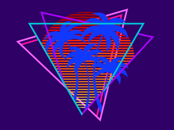 istock Retro waves banner with sun and palm trees in triangular frame. Futuristic retro sunset with palm trees in 80s style, gradient color. Synthwave style. Design for banner and poster. Vector illustration 1569152320