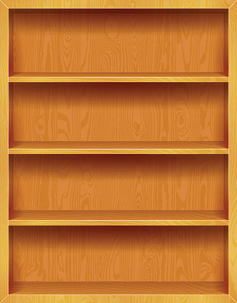 Wooden Bookshelves Background 3d high-detailed vector illustration of wooden bookshelf background that could be used for application interfaces.  Wood texture is plane and is found in the clipping mask. Image contains transparency effects in shadows and form shaping. 10 EPS empty bookshelf stock illustrations