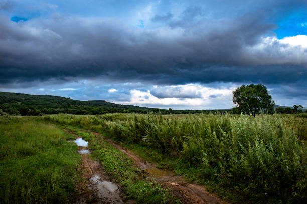 Thunderclouds over a green field and hills