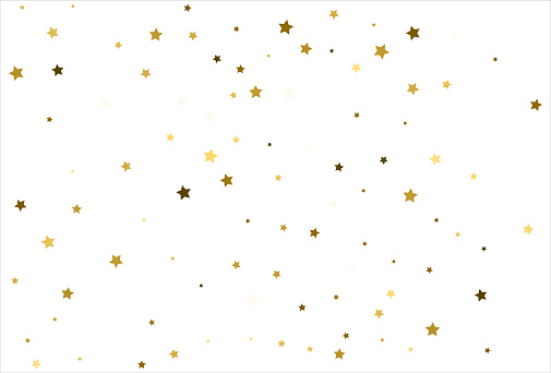 Random falling gold stars on white background. Glitter pattern for banner, greeting card, Christmas and New Year card, invitation, postcard, paper packaging.