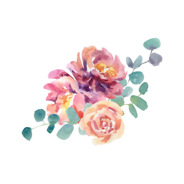 istock Watercolor flowers on an isolated background. Handmade work. Colorful illustration. Wedding. Anemones, peonies, roses, eucalyptus. 1569167894