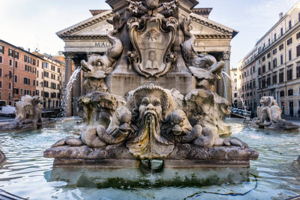 Close-up of sculptures of Fontana del Pantheon on Piazza della Rotonda in Rome, Italy.