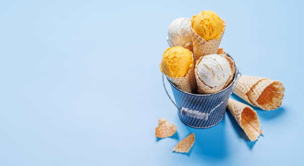 Assorted ice cream flavours in a delightful waffle cones