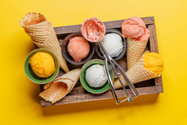 istock Assorted ice cream flavours in a delightful waffle cones 1569178654