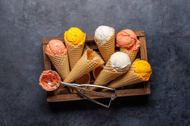 istock Assorted ice cream flavours in a delightful waffle cones 1569179731