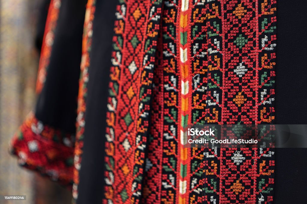Middle-Eastern textile ornaments Close-up of ornamented traditional Middle-Eastern textile detail perfect for backgrounds. Saudi Arabia Stock Photo