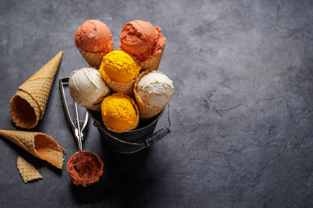 istock Assorted ice cream flavours in a delightful waffle cones 1569181323