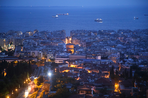 High angle view of Thessaloniki at night in Greece.