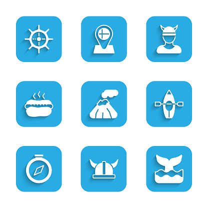 Set Volcano Viking in horned helmet Whale tail Kayak and paddle Compass Hotdog sandwich head and Ship steering wheel icon. Vector.