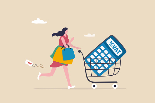 VAT Value Added Tax, consumption tax on value added of product and service for consumer to pay, percentage concept, woman carry shopping bags with VAT price tag and calculator on shopping cart.