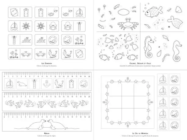 Vector illustration of Set of games on the theme of the sea. To color and cut out.