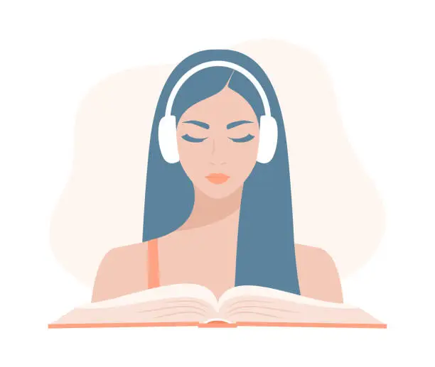 Vector illustration of A woman listening to an audiobook. Portrait of a young woman in headphones over an open book. Flat vector illustration