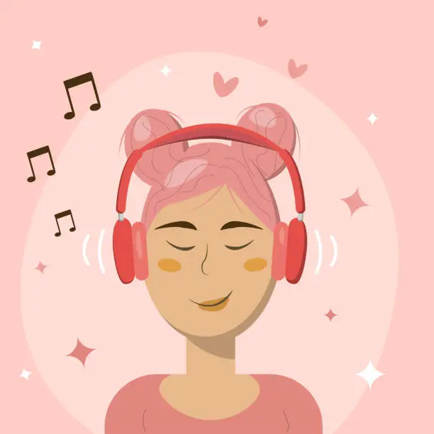 Vector illustration of Girl in headphones, enjoying music, pink background