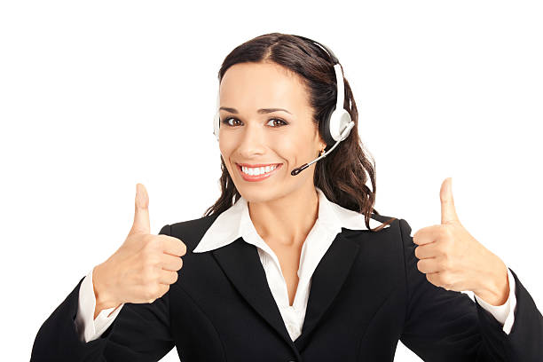 Support operator with thumbs up, on white stock photo