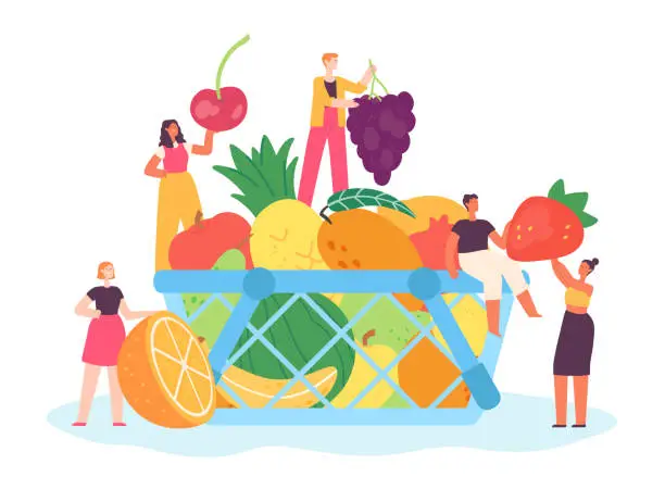Vector illustration of Tiny people with fruits and berries. Basket full of organic food as mango, watermelon, apple and pear