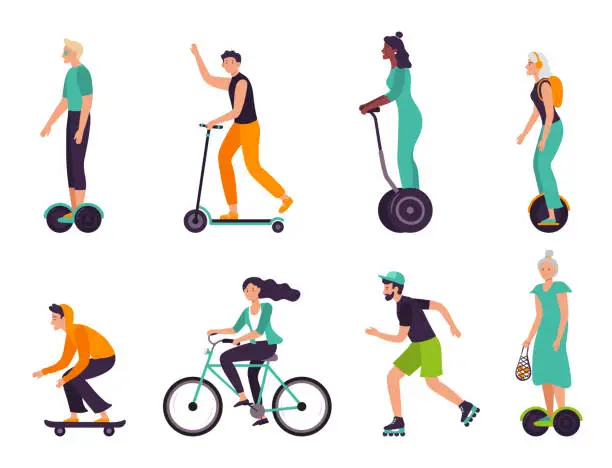 Vector illustration of Active people healthy lifestyle. Eco friendly transport, people of different age riding modern vehicles as scooter
