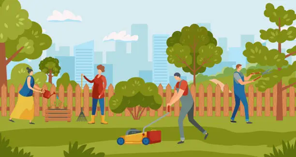 Vector illustration of Caring for plants in greenhouse. Gardener characters growing plants. Women watering plants, men cutting leaves on trees