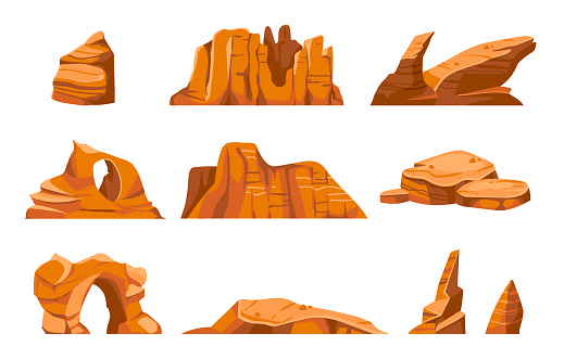 Desert rocks. Cartoon sand stones, exotic landscape elements. Dry summer environment, cracked wild cliffs. Outdoor Sahara natural blocks of different shapes isolated on white vector set