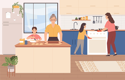 Family cooking together. Grandmother with granddaughter making buns, kneading and rolling dough, mum and kid baking pastry in kitchen. Children helping to prepare food vector illustration