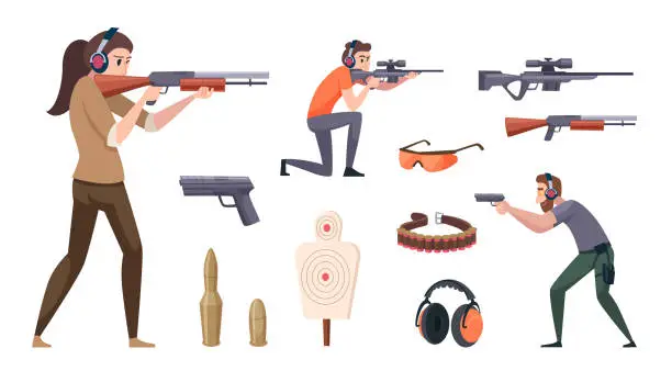 Vector illustration of Shooting gallery. People holding weapons and shooting to goals exact vector gunnery range