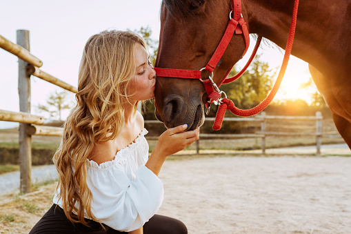 Young beautiful blond girl with curly hair, kissing horse outdoors at sunset. Horse lover. Countryside, lifestyle concept.