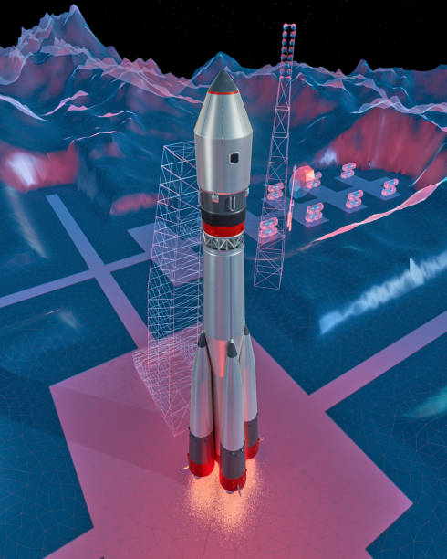 istock Spaceship on the launch pad of the spaceport, three dimensional computer image 1569229240