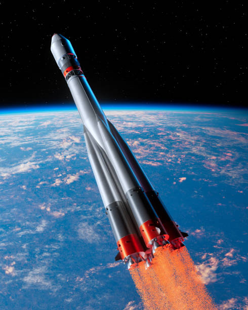 istock Space Rocket Is Flying In Space On Earth Background, 3D Digital Model 1569229252