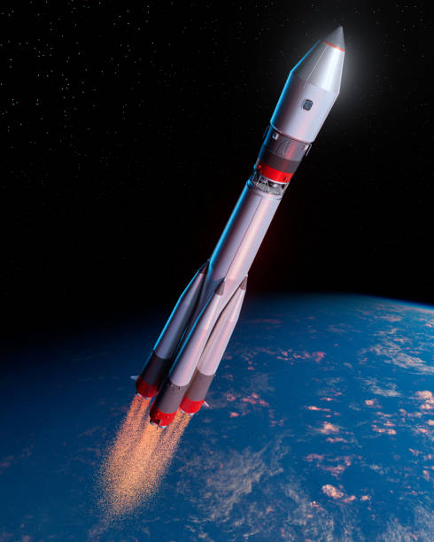 istock Spaceship Is Flying In Space On Earth Background, 3D Digital Model 1569229302
